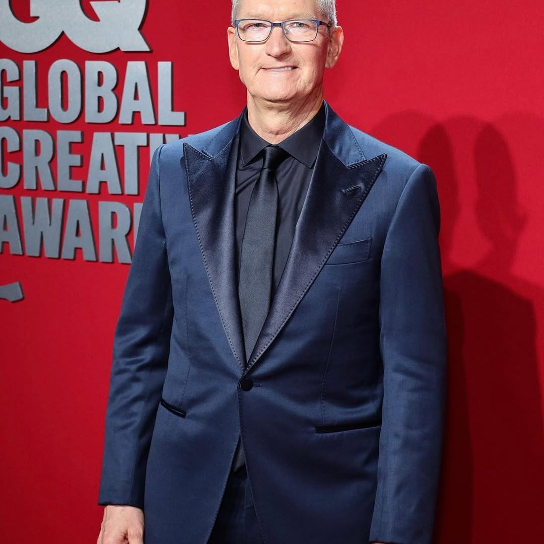 Apple CEO Tim Cook wearing his FRÈRE handmade tuxedo in navy to the GQ Creativity Awards