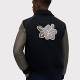 Navy & Grey Hibiscus Varsity Cashmere & Leather Jacket