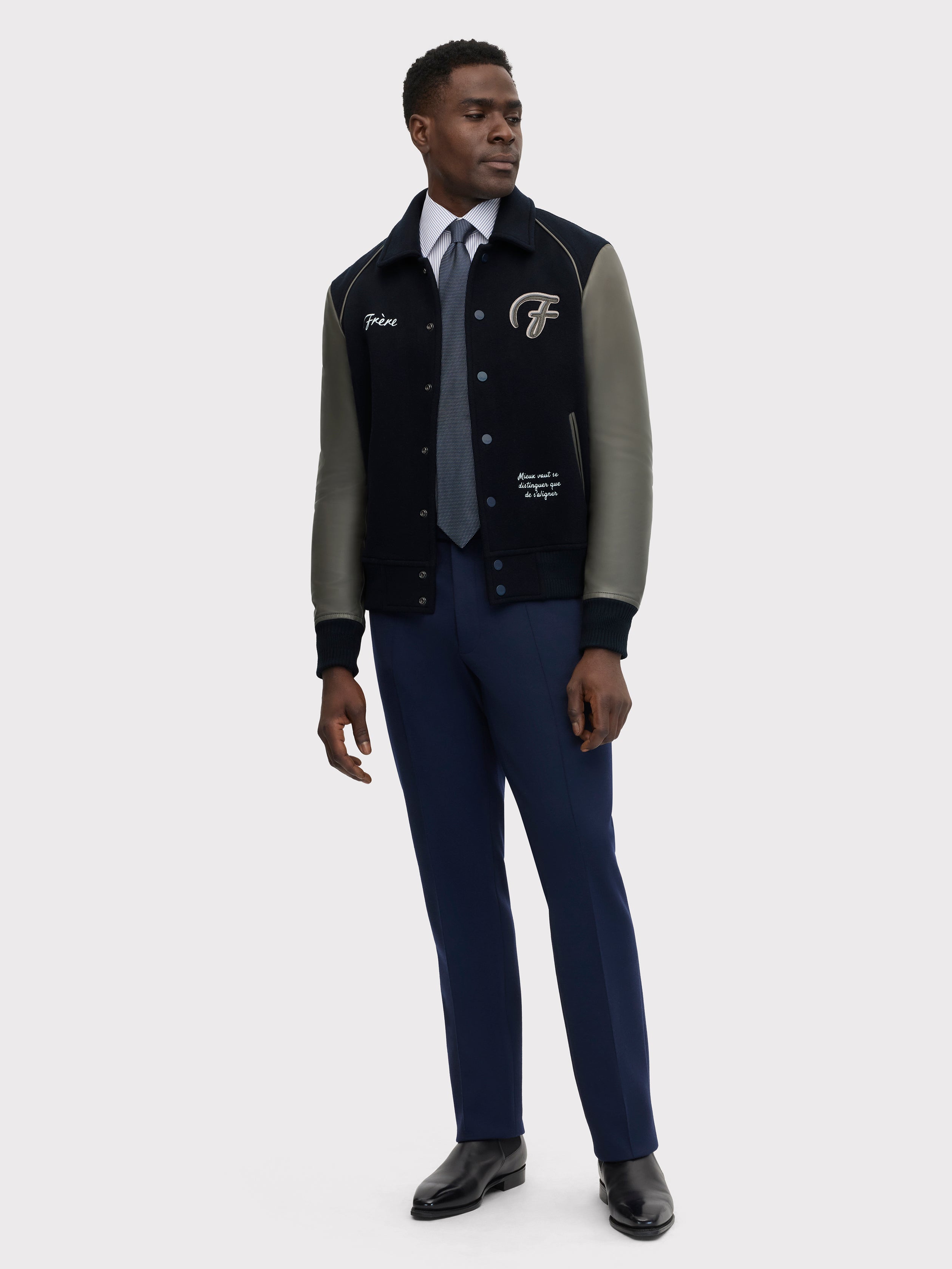 Navy & Grey Hibiscus Varsity Cashmere & Leather Jacket – FRÈRE