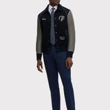 Navy & Grey Hibiscus Varsity Cashmere & Leather Jacket